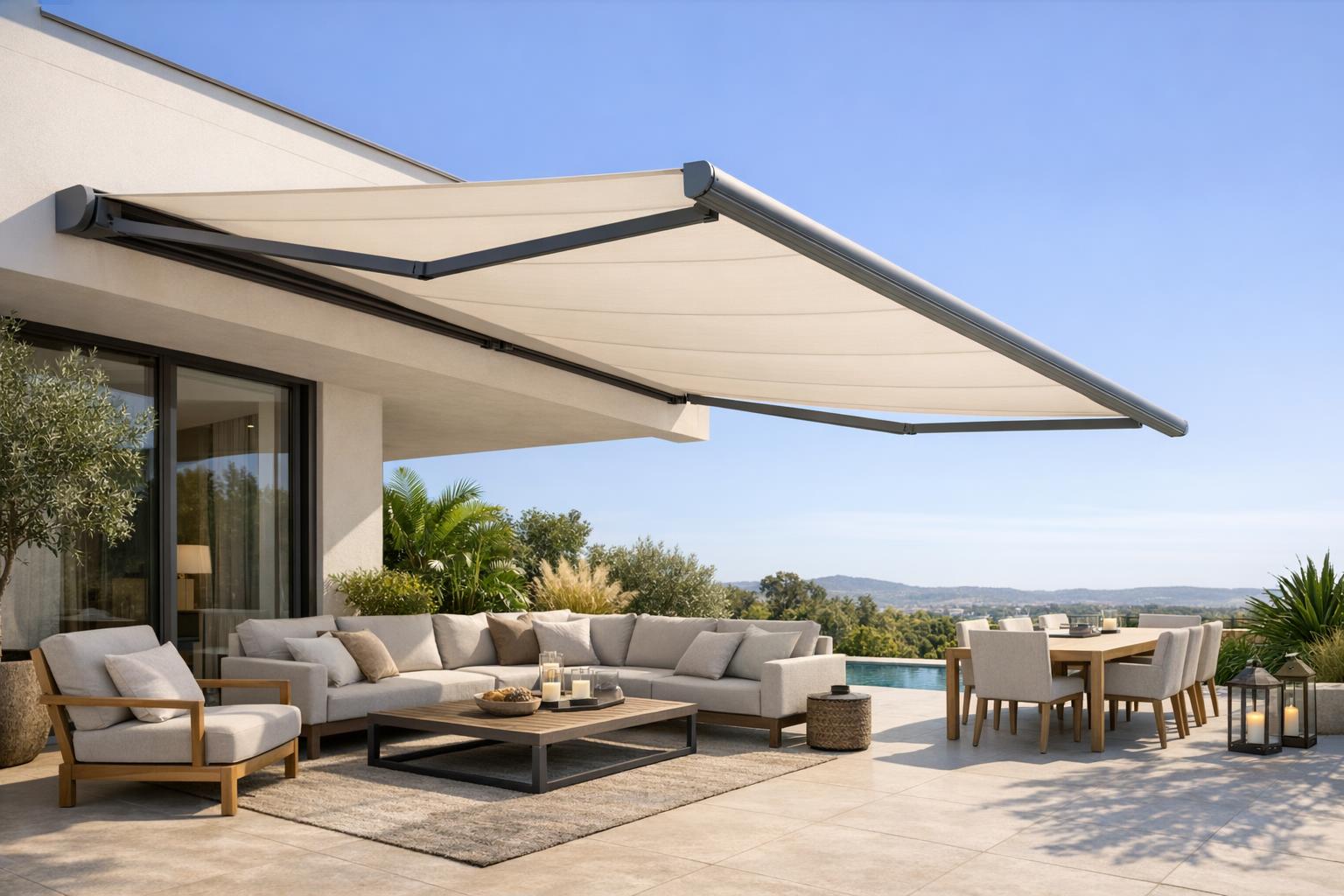 Zdjęcie eleganckiego tarasu z rozłożoną markizą