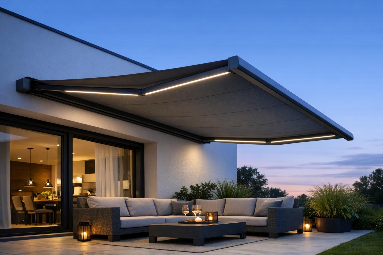Zdjęcie nowoczesnej markizy tarasowej z oświetleniem LED