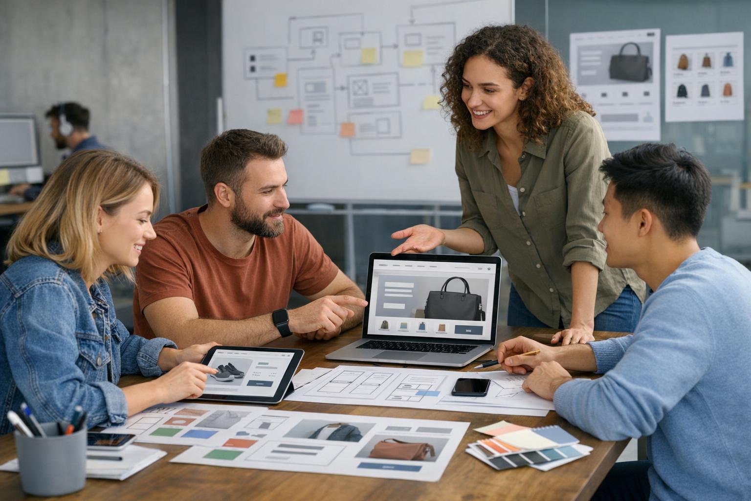 Zespół projektantów pracujący nad interfejsem sklepu internetowego